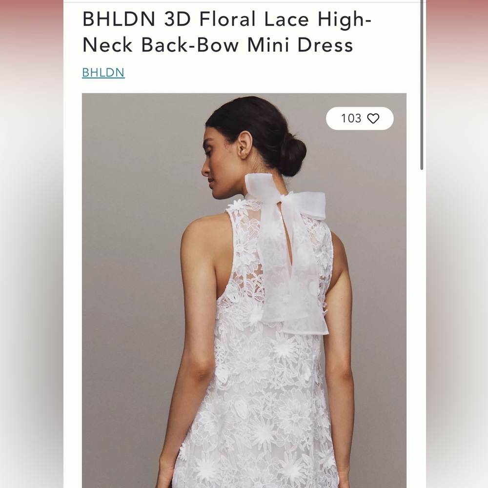 BHLDN 3D Floral Lace High-Neck Back-Bow Mini Dress